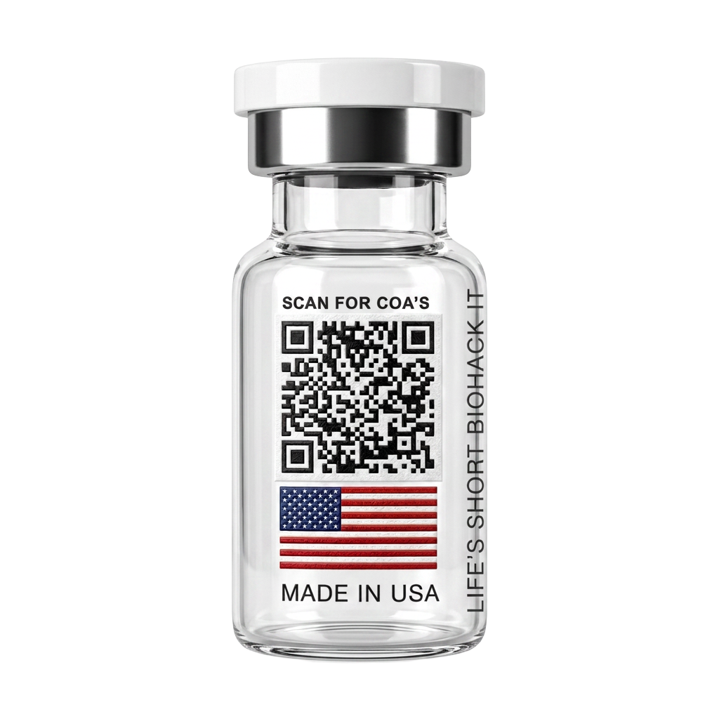PX1 Research peptide vial with scannable batch QR code and Made in USA label