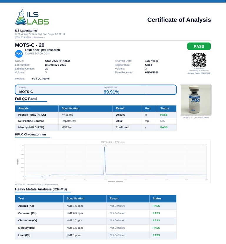 PX1 MOTS-C 20mg certificate excerpt, lot px1mots20-0021, ILS Laboratories, purity 99%+