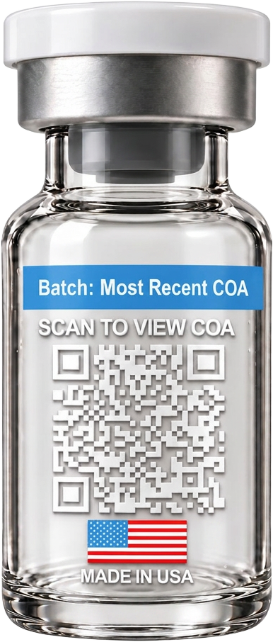 PX1 Research peptide vial back label with scannable batch QR code and Made in USA