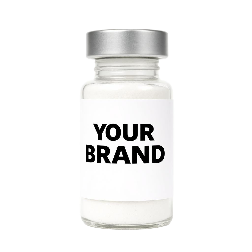 Research peptide vial with a blank white label reading YOUR BRAND